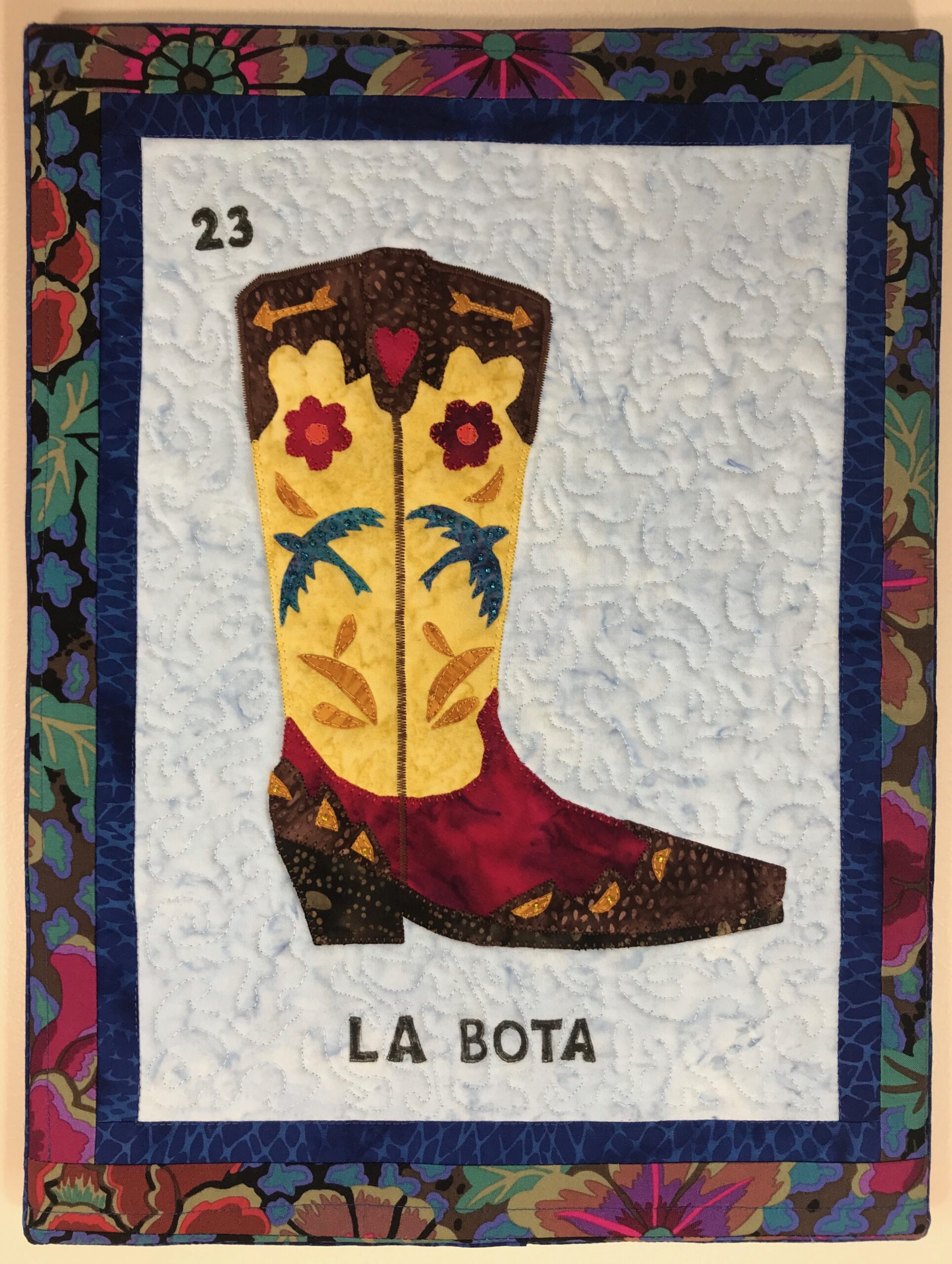 La Bota (boot) Mexican lotería quilted, appliquéd, framed art 12x16 (blue)